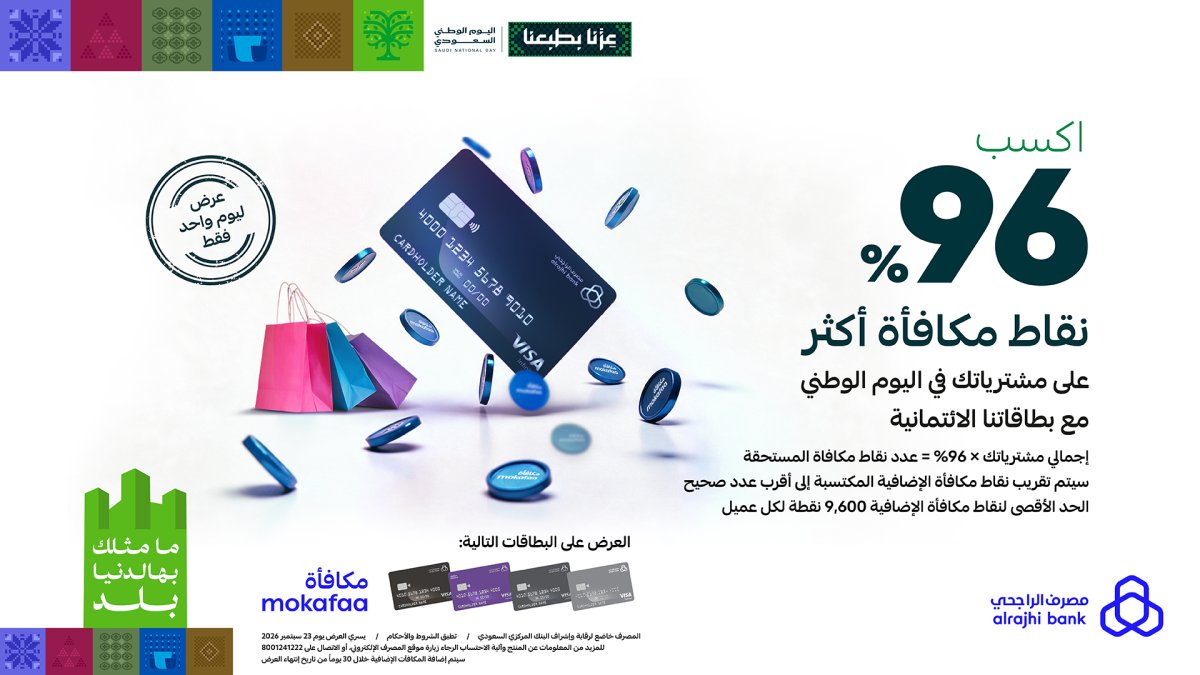 كسب 96% نقاط مكافأة على مشترياتك ببطاقات مصرف الراجحي